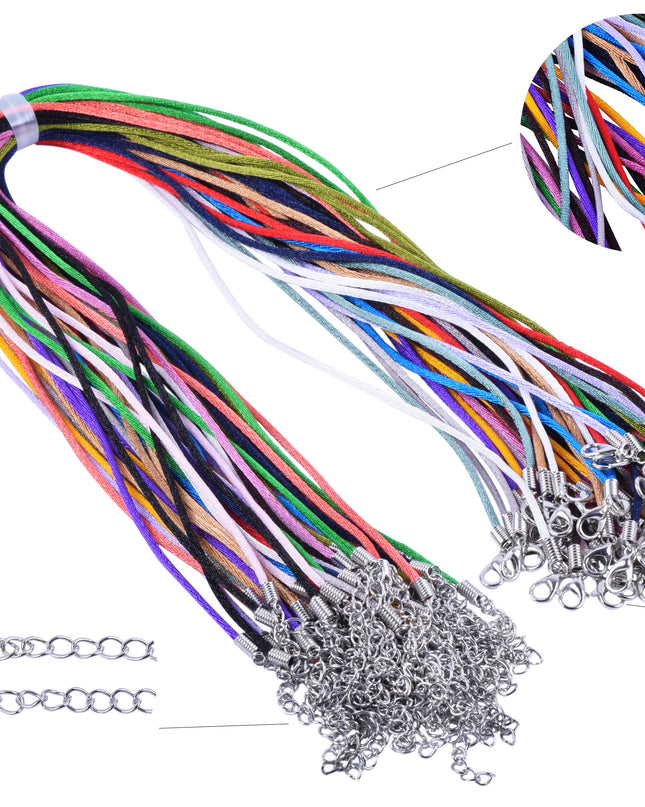 KONMAY 50pcs 18'' 2.0mm Mixed Satin Silk Necklace Pendant Cord with Lobster Clasps and Extension Chain